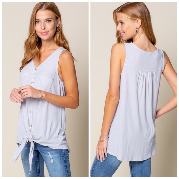 Tops - Spring Silver Gray Slinky Pocket Tank Button Top Sleeveless Henley Top